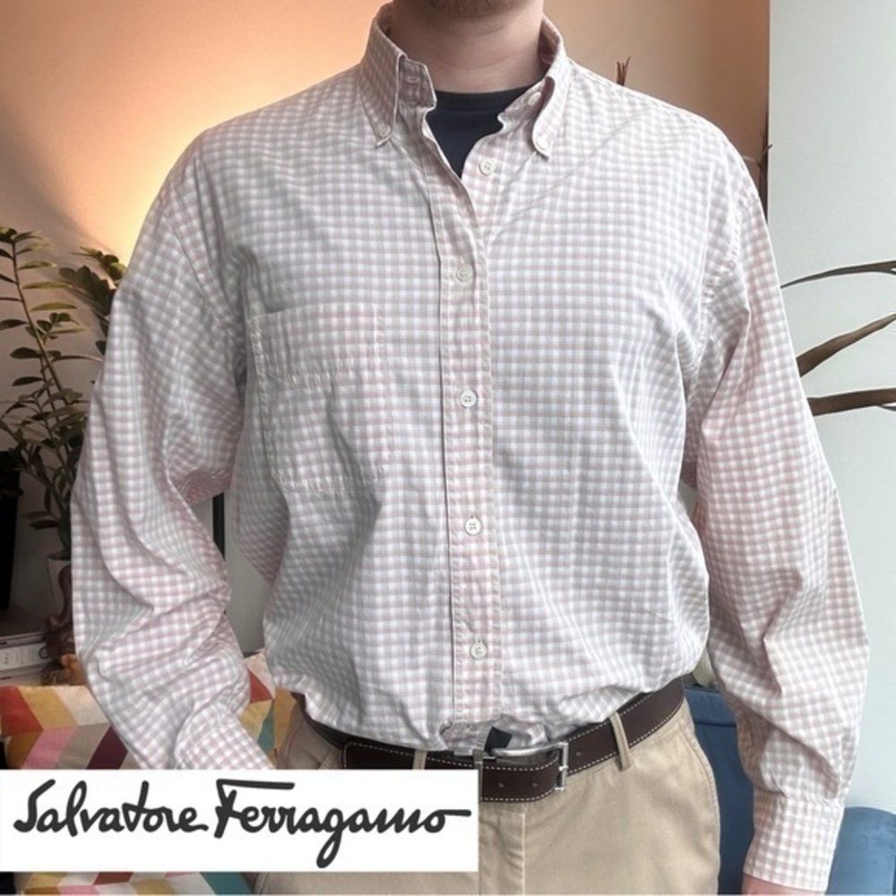 Salvatore Ferragamo Cotton Italy Plaid Pink Long Sleeve Shirt XL